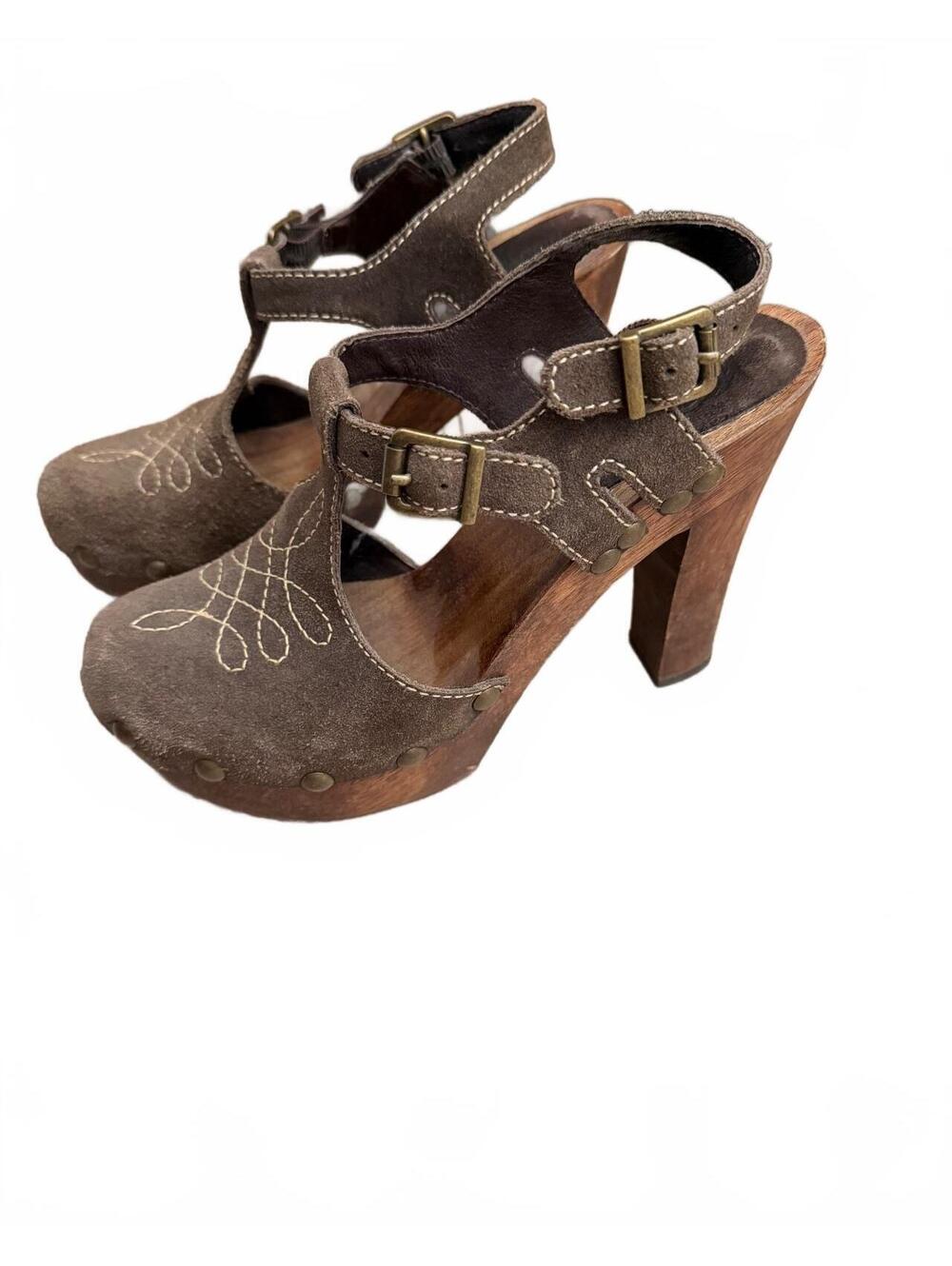 Michael Kors Brown Suede Clog Sandal Platform Wood Heel Ankle Strap Stitching 6